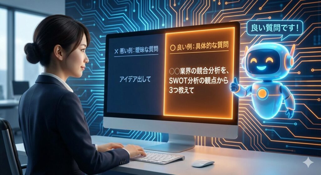 青とオレンジの回路基板パターンを背景に、PCに向かう日本人ビジネスウーマンがAIに対して質問を入力している様子。画面上には「曖昧な質問（×）」と「具体的な質問（○）」の対比が表示され、具体的な質問の方が明るく強調されている。横にいるAIキャラクターが「良い質問です！」とサムズアップして評価している、ハイパーリアリスティックな3Dレンダリング画像。