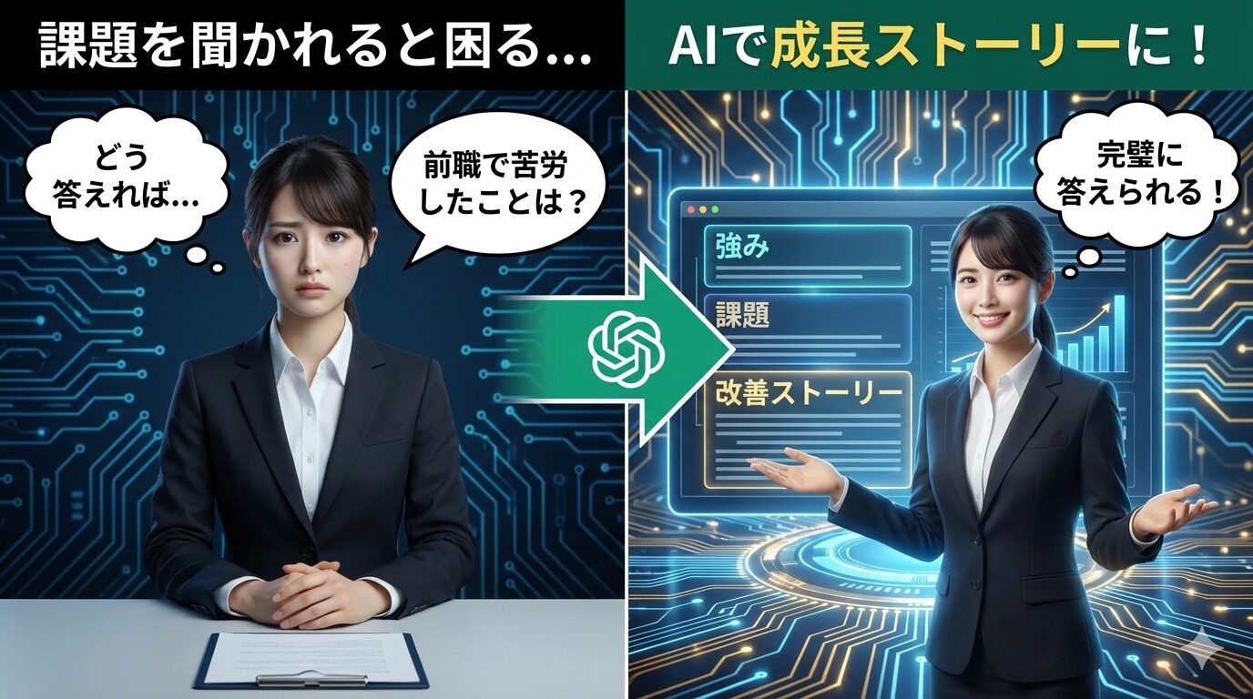 面接で「前職で苦労したことは？」と聞かれ、「どう答えれば...」と困惑する女性（左側）が、中央のChatGPTのロゴが入った矢印を経て、AIを活用して「強み」「課題」「改善ストーリー」を整理し、「完璧に答えられる！」と自信満々にプレゼンする様子（右側）を描いたビフォーアフター比較画像。上部のテキストは「課題を聞かれると困る...」から「AIで成長ストーリーに！」へと変化し、ネガティブな状況からポジティブな結果への転換を表現している。