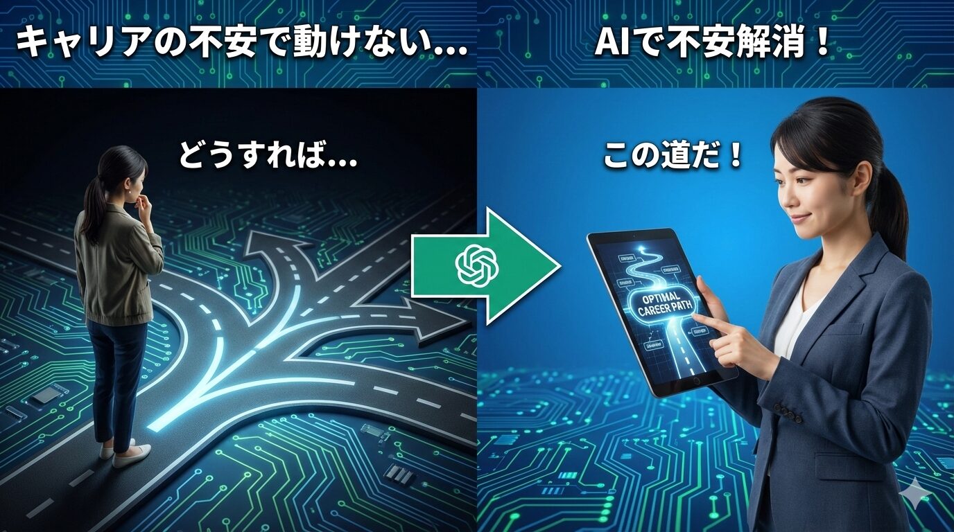 デジタル回路基板を背景に、キャリアの不安を抱える女性がAIによって最適な道を見つけるまでの変化を描いた左右分割イラスト。左側は暗い青色で、複数の分かれ道の前で悩む女性の後ろ姿があり、「キャリアの不安で動けない...」「どうすれば...」というテキストが表示されている。中央にはChatGPTのロゴが入った矢印が右を指している。右側は明るい青色で、同じ女性が自信に満ちた笑顔でタブレットを見ており、画面には「OPTIMAL CAREER PATH」と光る道が示されている。テキストは「AIで不安解消！」「この道だ！」とある。