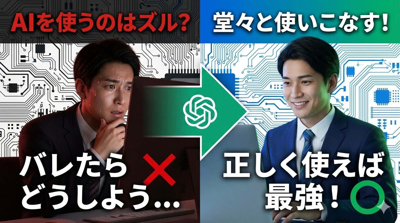 AIを活用することへの倫理的な不安と、正しい活用による自信を対比させたビフォーアフター画像。左側の暗い背景では「AIを使うのはズル？」という問いに対し、スーツ姿の男性が冷や汗をかきながら「バレたらどうしよう…」と怯えており、×印が表示されている。中央のChatGPTロゴが入った矢印を経て、右側の明るい青色背景では「堂々と使いこなす！」というテーマのもと、同じ男性が自信に満ちた笑顔でPCを操作し、「正しく使えば最強！」という肯定的なメッセージと○印が強調されている。