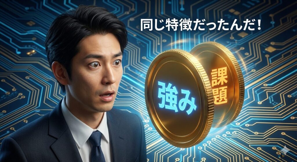 青と金の回路基板パターンを背景に、回転する金色のコインを見つめて驚きの表情を浮かべる日本人ビジネスマン。「強み」と青く光る文字が書かれた面と、「課題」とオレンジ色で書かれた面が交互に現れるコインを見て、「同じ特徴だったんだ！」というテキストと共に、強みと課題が表裏一体であることに気づいた瞬間を捉えたハイパーリアリスティックな3Dレンダリング画像。