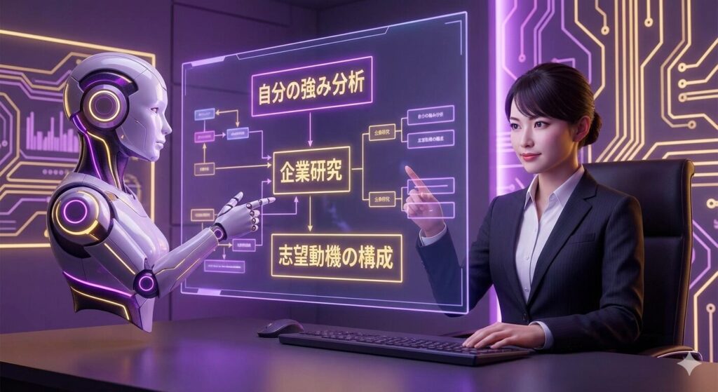 紫と金の光に包まれた未来的なオフィスで、スーツを着た日本人女性が、AIロボットのコンサルタントと共にホログラム画面を見ながら転職戦略を練っているハイパーリアリスティックな3Dレンダリング画像。画面には「自分の強み分析」「企業研究」「志望動機の構成」という日本語のフローチャートが表示され、二人は自信に満ちた様子で指を指し合い、戦略的な対話を行っている。背景には回路基板のパターンが光っている。