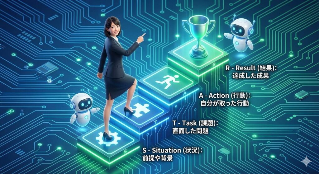 青と緑の光る回路基板パターンを背景に、スーツ姿の日本人ビジネスウーマンが「STAR法則」を示す階段を自信に満ちて登っているハイパーリアリスティックな3Dレンダリング画像。階段は下から「S - Situation（状況）：前提や背景」（歯車アイコン）、「T - Task（課題）：直面した問題」（パズルピースアイコン）、「A - Action（行動）：自分が取った行動」（走る人物アイコン）、「R - Result（結果）：達成した成果」（トロフィーアイコン）の4ステップで構成され、各段にAIキャラクターが寄り添ってサポートしている。女性は最上段のトロフィーを指差し、笑顔を見せている。