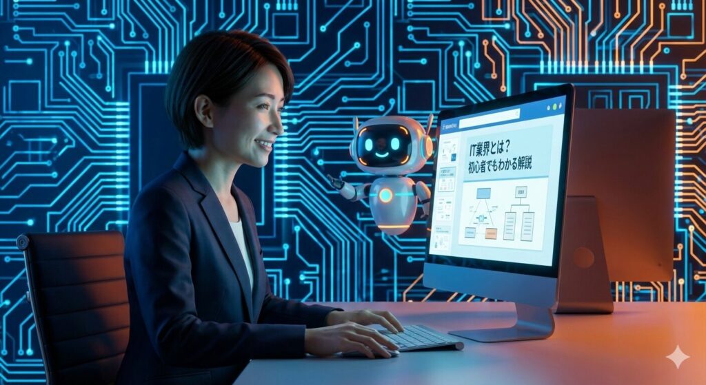 青とオレンジの回路基板パターンを背景に、日本人ビジネスウーマンがPC画面を通じて可愛いAIキャラクターから個人レッスンを受けている様子。画面には「IT業界とは?」「初心者でもわかる解説」といった教材が表示され、女性が「わかった!」と晴れやかな表情で内容を理解している、ハイパーリアリスティックな3Dレンダリング画像。