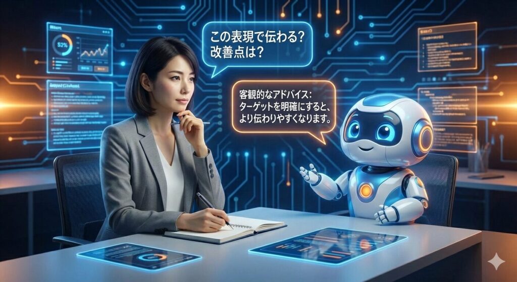 近未来的なオフィスで、アジア人女性が可愛いロボットAIと対話している。女性は考え込むような表情で「この表現で伝わる？改善点は？」という吹き出しとともにメモを取ろうとしており、ロボットは「客観的なアドバイス：ターゲットを明確にすると、より伝わりやすくなります。」という吹き出しとともにアドバイスをしている。背景には青とオレンジのデジタル回路図やデータが表示されている。