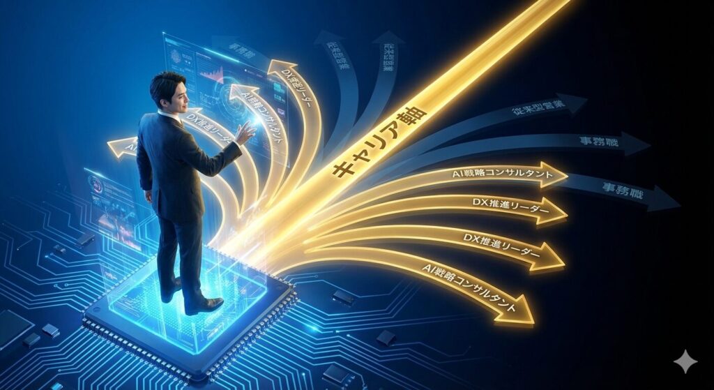 青いデジタル回路基板のステージ上で、スーツ姿の男性が巨大な金色の「キャリア軸」から派生する複数の将来パスを見つめている。「AI戦略コンサルタント」や「DX推進リーダー」と記された軸に沿った道は金色に強く光り輝き、男性が手を伸ばして選ぼうとしている。一方、「従来型営業」「事務職」と記された道は暗く青ざめており、選択対象外であることを示している。明確な軸に基づく戦略的なキャリア選択を可視化したイメージ。