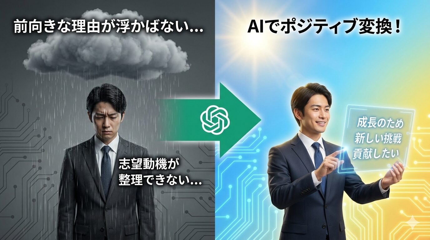 AI（ChatGPT）を活用した志望動機作成のビフォーアフター比較図。左側の暗い雨の中、ネガティブな転職理由で悩むスーツ姿の男性が、中央のChatGPTロゴを経由して、右側の明るい太陽の下で「成長のため」「新しい挑戦」といったポジティブな志望動機に変換し、自信に満ちた笑顔に変わる様子を表現。