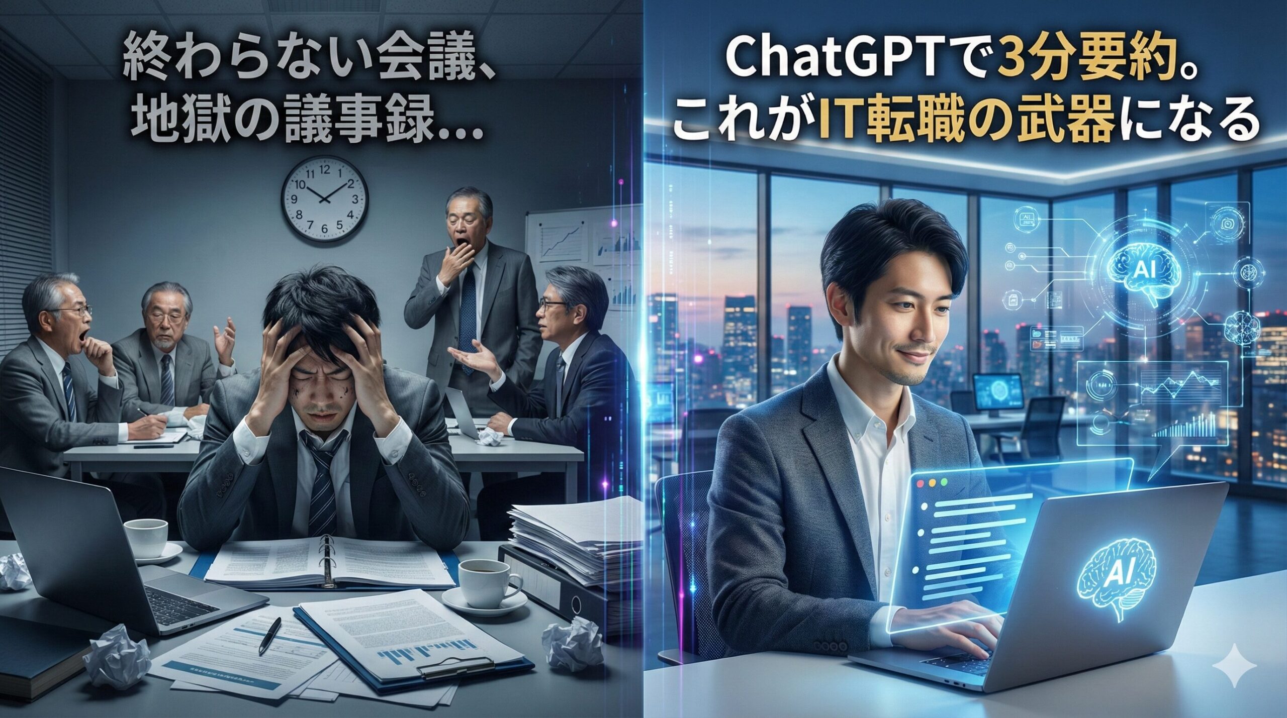 未経験からIT業界への転職をテーマにしたブログのアイキャッチ画像。画面は左右に二分割されており、左側は暗く古い会議室で疲弊するサラリーマン、右側は明るくモダンなITオフィスでAI（ChatGPT）を活用し効率的に働くビジネスパーソンが描かれている。左上には「終わらない会議、地獄の議事録...」、右上には「ChatGPTで3分要約。これがIT転職の武器になる」というテキストがそれぞれ配置されている。