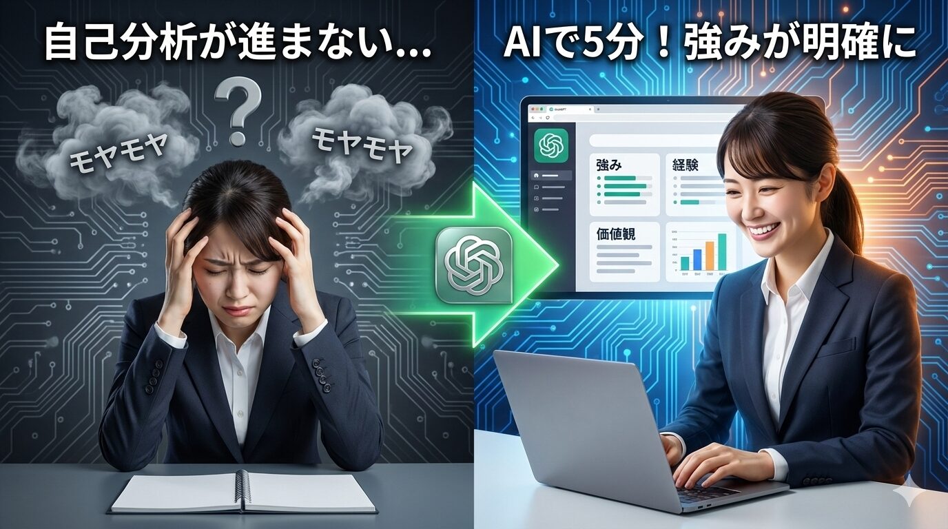 自己分析が進まない…」と頭を抱えて悩むスーツ姿の女性（左側）と、ChatGPTを活用して「強み」「経験」「価値観」を整理し、「AIで5分！強みが明確に」なって笑顔でノートパソコンを操作する女性（右側）を描いたビフォーアフター比較画像。中央にはChatGPTのロゴが入った緑色の矢印が左から右へ向かっており、AIによる解決を示唆している。