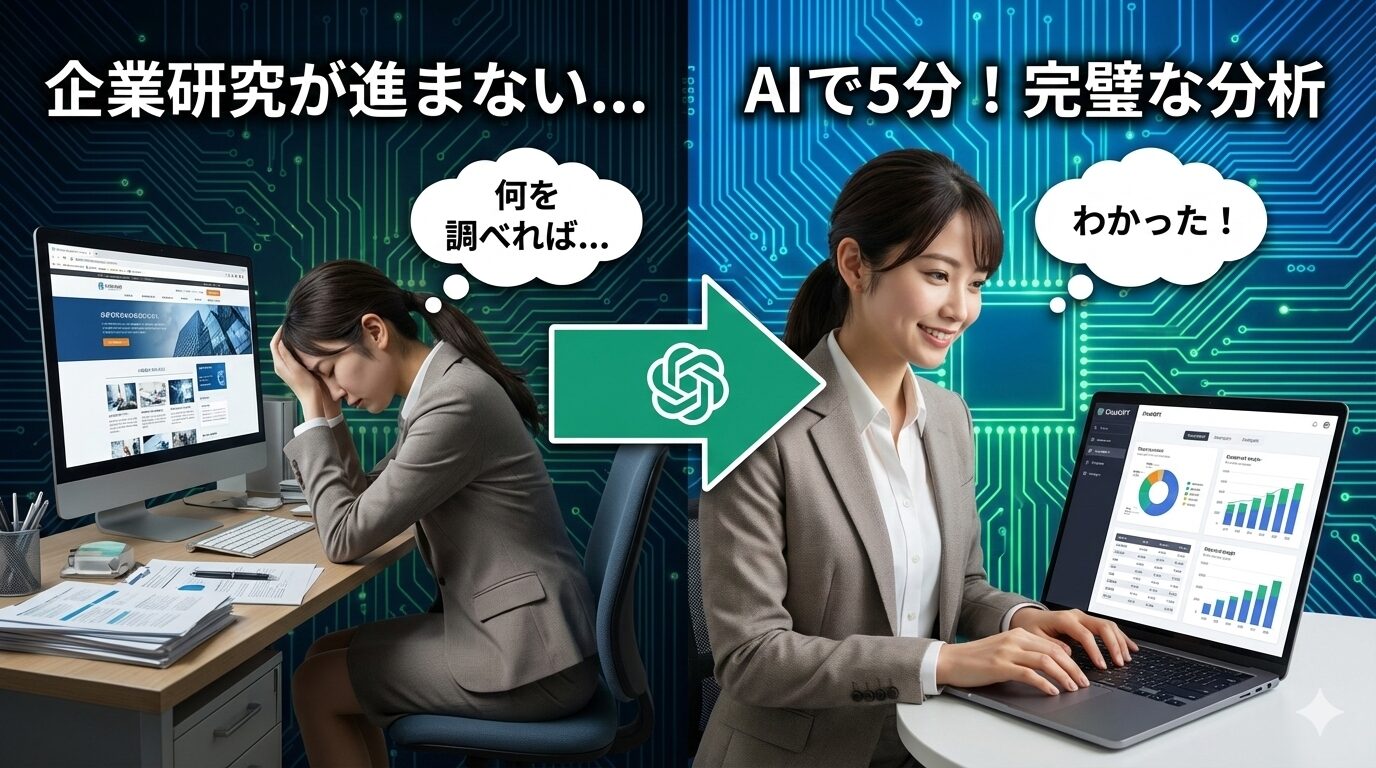 企業研究に悩む女性のビフォーアフターを描いた比較画像。左側（暗い背景）では、「企業研究が進まない…」というテキストと共に、情報過多のPC画面の前で頭を抱えるスーツ姿の女性が「何を調べれば…」と困惑している。右側（明るい背景）では、「AIで5分！完璧な分析」というテキストと共に、同じ女性がChatGPTのロゴが入った画面で整理されたデータを見ながら笑顔で「わかった！」と納得し、ノートPCを操作している。中央にはChatGPTのロゴが入った緑色の矢印が左から右へ伸び、AIによる解決を示唆している。