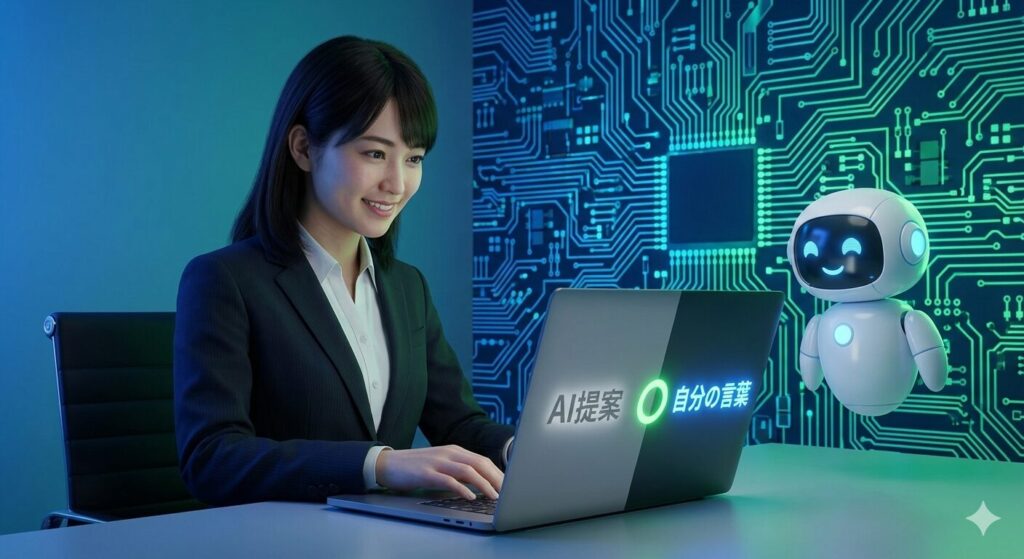 青と緑の回路基板パターンを背景に、日本人ビジネスウーマンがPCに向かい、AIからの提案（グレーの文字）を参考にしつつ、自分自身の言葉（青く光る文字）で文章を執筆している様子。正しい活用であることを示す緑色の大きな「○」マークが表示され、横では可愛らしいAIキャラクターが笑顔で見守っている、ハイパーリアリスティックな3Dレンダリング画像。