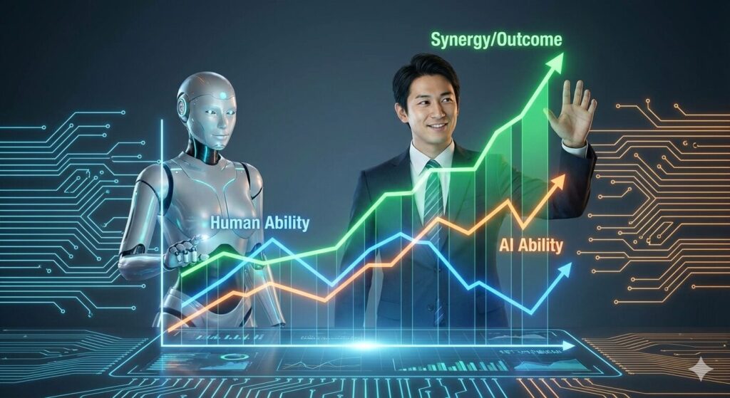 スーツ姿の日本人ビジネスマンとヒューマノイドAIが、ホログラムのインターフェースで協力している様子。「Human Ability(人間の能力)」(青色のグラフ)と「AI Ability(AIの能力)」(オレンジ色のグラフ)が組み合わさり、相乗効果を示す大きな上昇トレンドの「Synergy/Outcome(シナジー/成果)」(緑色の矢印グラフ)が生まれていることを可視化している。