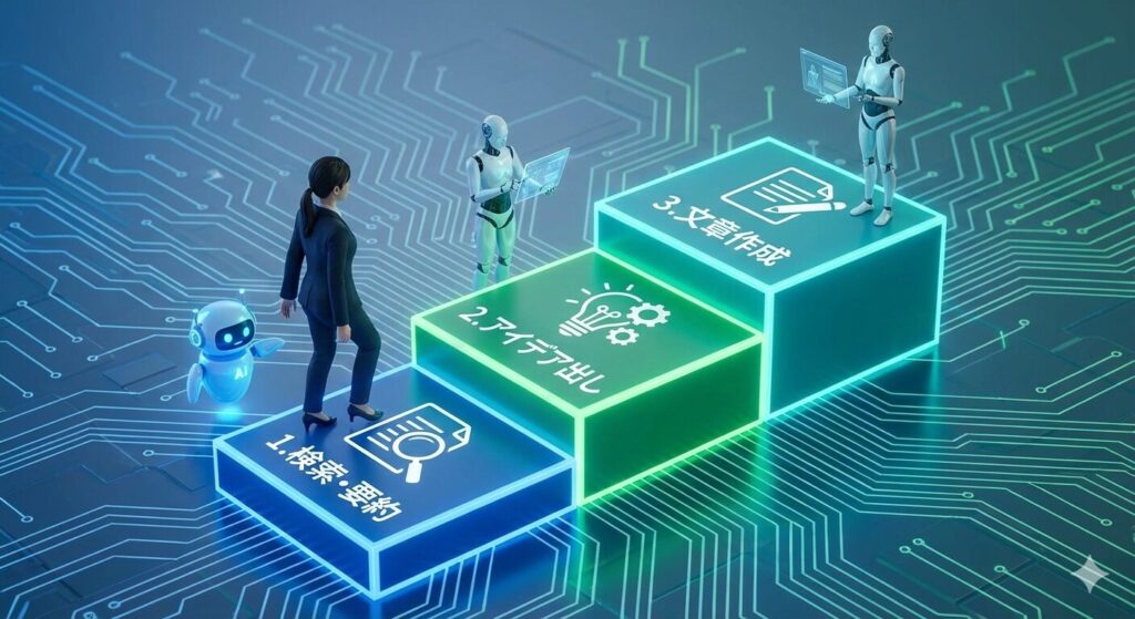 青と緑の光る回路基板を背景に、スーツ姿の日本人ビジネスウーマンがAIロボットにサポートされながら3段階のステップを登っている様子。「1.検索・要約」「2.アイデア出し」「3.文章作成」というAIを活用した業務フローがアイコンと共に示されている。