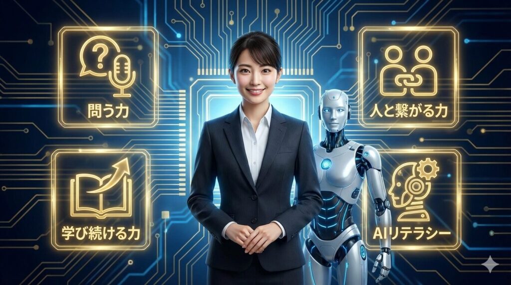 青く光る回路基板を背景に、自信に満ちた笑顔の日本人ビジネスウーマンと、その隣に立つAIロボット。女性の周囲には、「問う力」「人と繋がる力」「学び続ける力」「AIリテラシー」という4つのスキルを示す金色のアイコンが浮かび上がっている。AI時代において人間に求められる能力や価値を象徴する未来的なビジュアル。