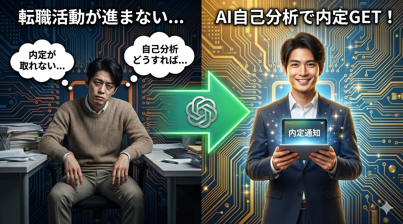 転職活動で悩む男性のビフォーアフターを描いた広告画像。左側（BEFORE）は「転職活動が進まない…」というテキストと共に、疲れた表情で「内定が取れない…」「自己分析どうすれば…」と悩む男性がデスクに座っている。中央にはChatGPTのロゴが入った緑色の矢印が右方向へ伸びており、AIによる解決を示唆している。右側（AFTER）は「AI自己分析で内定GET！」というテキストと共に、同じ男性がスーツを着用し、笑顔で「内定通知」と表示されたタブレットを掲げ、自信に満ちた様子で立っている。背景は左側が暗い青、右側が明るい金の回路基板のパターンで、成功への変化を強調している。