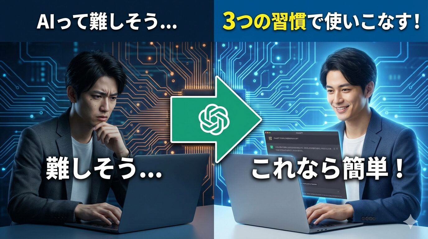 AI活用に対する意識のビフォーアフター比較図。左側ではカジュアルな服装のビジネスパーソンがパソコンの前で「AIって難しそう…」と困惑しているが、中央のChatGPTロゴを経由し、右側では「3つの習慣で使いこなす！」というキャッチコピーと共に、AIをスムーズに操作して「これなら簡単！」と笑顔で自信を見せている様子。