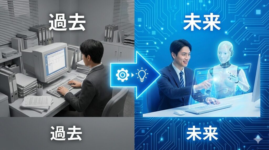 左右に分割されたビフォーアフターの画像。左側はモノクロで「過去」とあり、書類が山積みされた古いオフィスで男性がCRTモニターに向かっている。右側は青く輝く「未来」で、同じ男性がAIヒューマノイドと共にホログラム画面を操作し、協力して働いている。中央には歯車から電球へと変化するアイコンが入った矢印があり、技術革新による仕事の進化とイノベーションを表している。