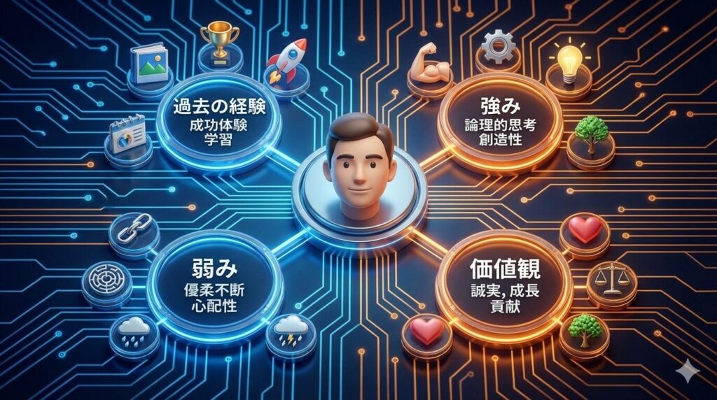 青とオレンジに発光する回路基板パターンを背景に、中央の男性キャラクターを中心に展開する自己分析マインドマップの3Dレンダリング画像。中央から「過去の経験」「強み」「弱み」「価値観」の4つの主要なカテゴリーが円形に分岐しており、それぞれに関連するキーワード(例:成功体験、論理的思考、優柔不断、誠実)やアイコン(トロフィー、筋肉、鎖、天秤など)が配置されている。デジタル技術を用いた自己理解のプロセスを視覚化したインフォグラフィック。