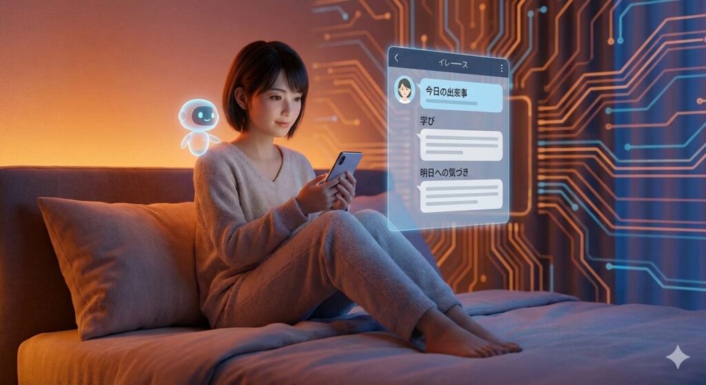 暖色系の照明が灯る落ち着いた寝室で、ベッドに座りリラックスした様子の日本人女性が、スマートフォンと空中に浮かぶホログラムインターフェースを介して、可愛らしいAIアシスタントと「今日の出来事」「学び」「明日への気づき」について一日の振り返りを行っている、ハイパーリアリスティックな3Dレンダリング画像。背景には青く光る回路基板の模様が浮かび上がっている。