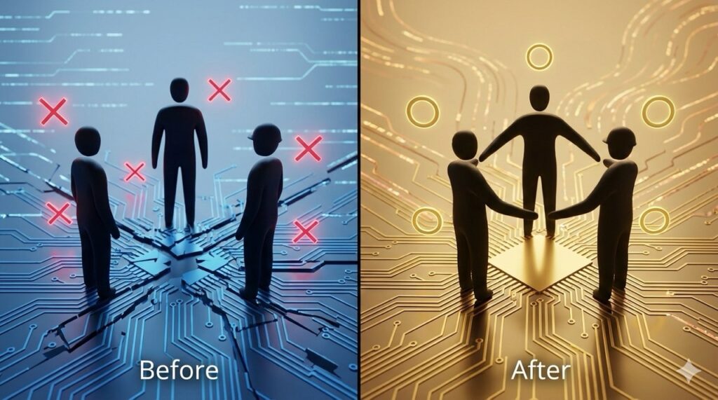 3者が満足していない状況（左側）から3者全員が納得し満足している