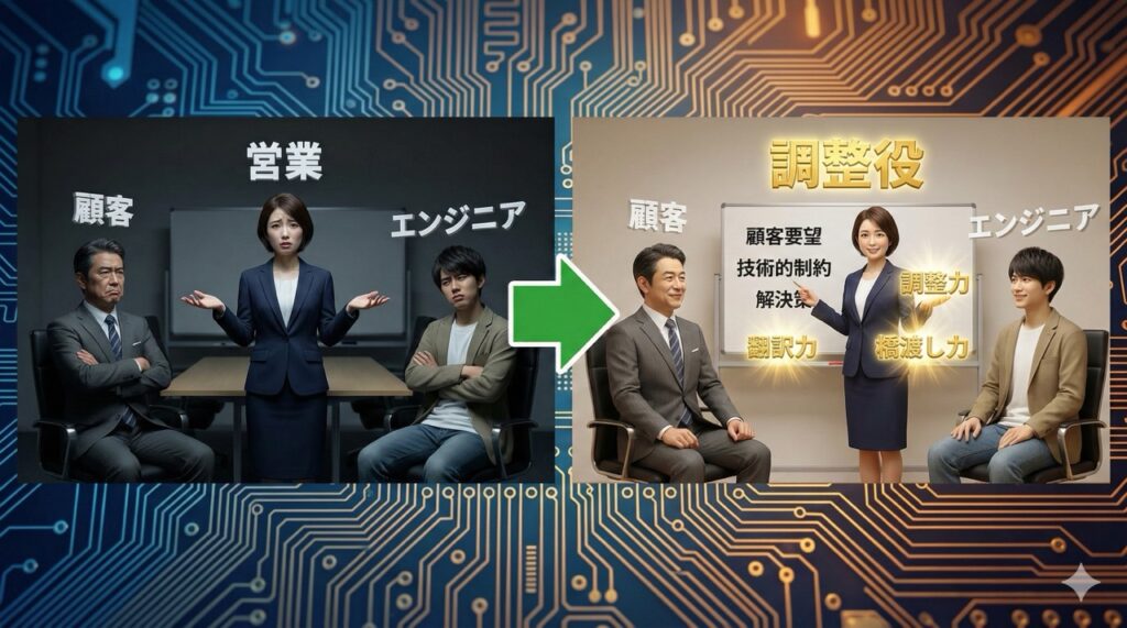 営業から調整役への進化を表すBefore/After画像。左側は暗い会議室で顧客とエンジニアの間で困っている営業。右側は明るい会議室でホワイトボードの前に立ち、両者が納得した表情で頷いている様子。ホワイトボードには「顧客要望」「技術的制約」「解決策」。中央に緑の矢印。背景は青とオレンジの回路基板パターン。