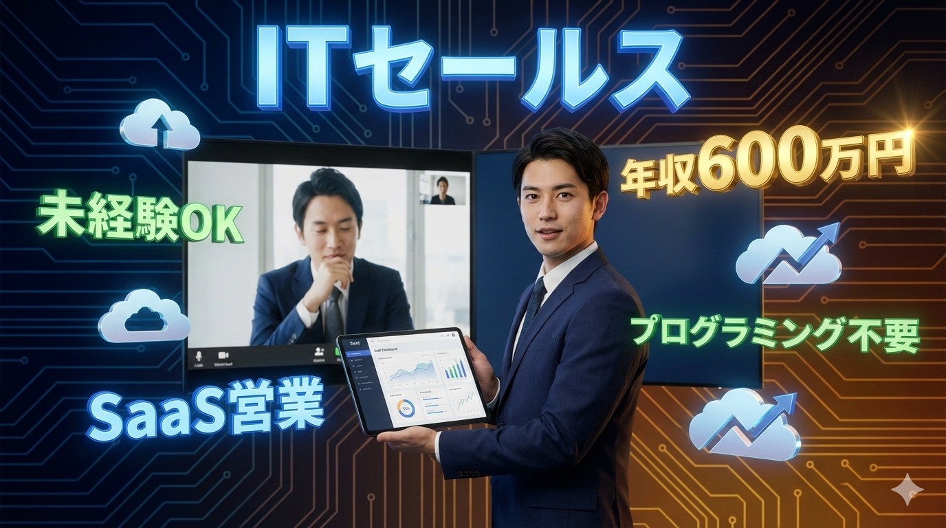 スーツを着た日本のビジネスマンが、SaaSダッシュボードを表示したタブレットを持ち、ビデオ会議画面の前に立っているITセールスの求人広告画像。周囲には「ITセールス」「年収600万円」「未経験OK」「プログラミング不要」「SaaS営業」という立体的な日本語のテキストと、上昇トレンドを示すクラウドのアイコンが浮かんでいる。背景は青とオレンジの回路基板パターン。