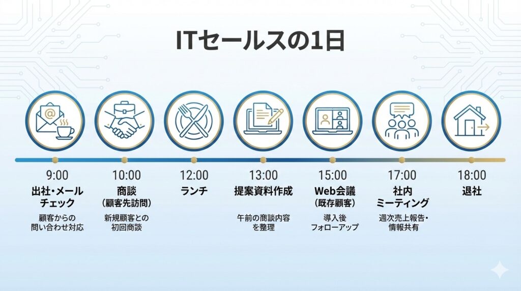 ITセールスの1日のタイムライン図。9時出社・メールチェックから18時退社まで、商談、提案資料作成、Web会議、社内ミーティングなど具体的な業務内容を時系列で表示。