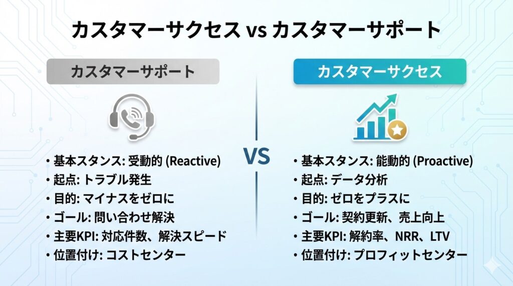 カスタマーサクセスとカスタマーサポートの比較表インフォグラフィック。左側：カスタマーサポート（受動的、トラブル対応、問い合わせ解決、コストセンター）、右側：カスタマーサクセス（能動的、データ分析起点、契約更新・売上向上、プロフィットセンター）。中央に「VS」の文字。