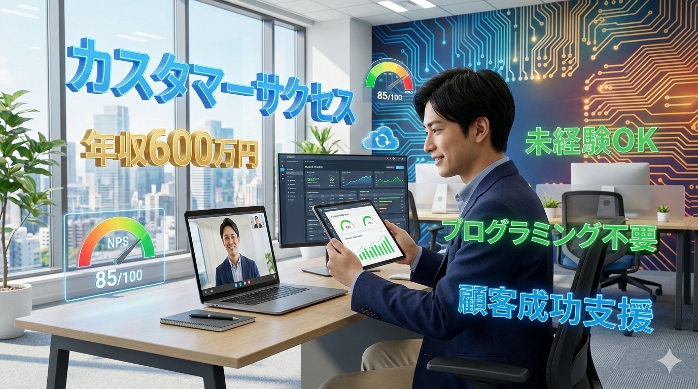 カスタマーサクセス完全ガイドのアイキャッチ画像。モダンなSaaS企業のオフィスで、カスタマーサクセス担当者がノートPCでビデオ会議を行い、タブレットで顧客ヘルススコアのダッシュボードを確認している様子。周囲に「カスタマーサクセス」「年収600万円」「未経験OK」「プログラミング不要」のホログラム表示。回路基板パターンの背景。
