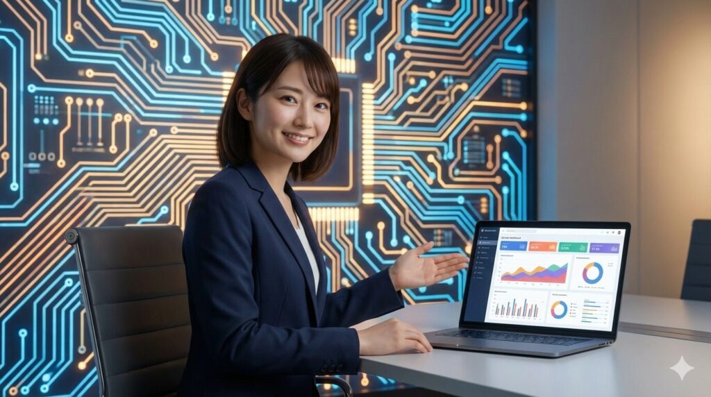 明るいオフィスで顧客にサービスを説明する日本人女性ビジネスパーソン。笑顔でパソコン画面のダッシュボードを指し示している様子。