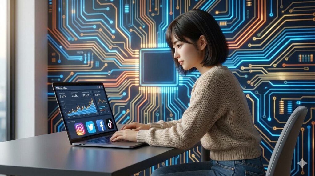 カフェ風オフィスでMacBookを使いSNS広告データを分析する日本人女性。カジュアルな服装で集中しながら作業している様子。