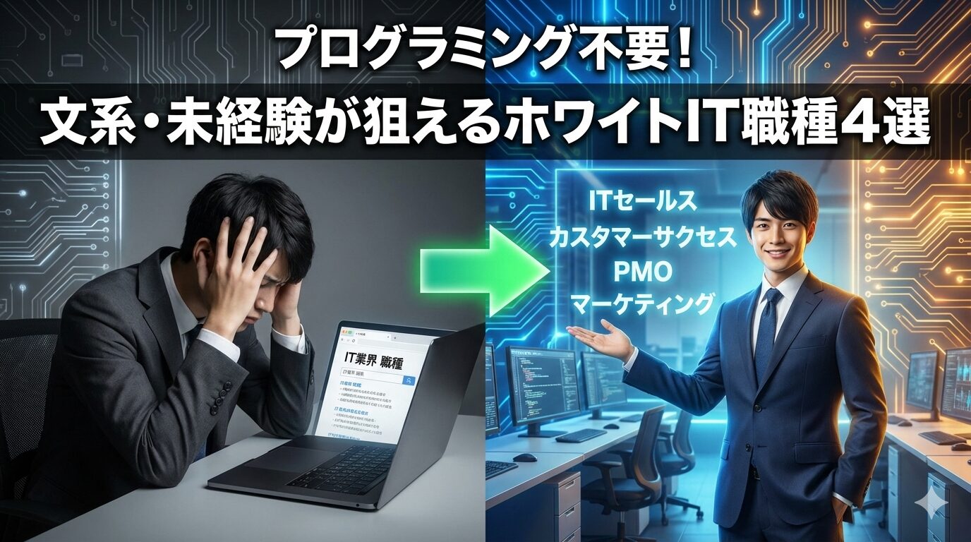 IT業界の職種に悩む男性から自信を持って活躍する男性への変化を示す図。左側は暗いオフィスでパソコンを見て悩む様子、右側は明るいオフィスでプレゼンテーションする様子。中央に緑の矢印。