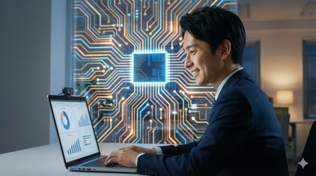 明るいオフィスでオンライン商談をする日本人男性ビジネスパーソン。笑顔でパソコン画面のグラフを見せながら提案している様子。