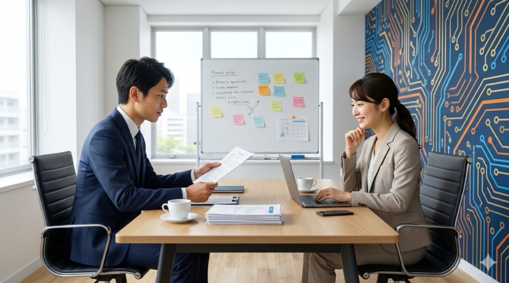 明るいオフィスの会議室で転職エージェントと面談する日本人男性求職者。真剣な表情で資料を見せながら話している様子。エージェントは笑顔で頷いている。紺色のスーツ姿。背景は青とオレンジの回路基板パターン。