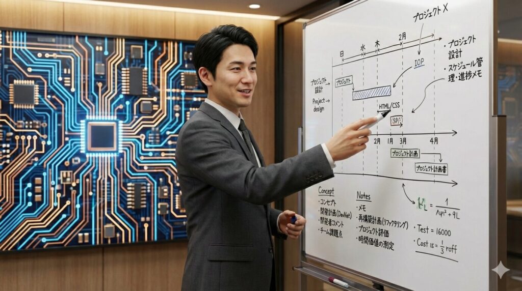 会議室でホワイトボードの前に立ちプロジェクト計画を説明する日本人男性ビジネスパーソン。自信に満ちた表情でガントチャートを指し示している様子。