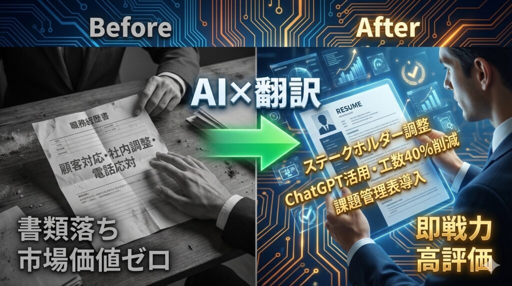【左側】「顧客対応・社内調整・電話応対」などの平凡な記載内容の職務経歴書を採用担当者が一瞥して脇に除けている様子。書類落ちを示す暗いトーン。【右側】「ステークホルダー調整・ChatGPT活用による工数40%削減・課題管理表導入」などのキーワードが輝く洗練された職務経歴書に採用担当者が身を乗り出して読んでいる様子。中央の緑の矢印に「AI×翻訳」の文字。PMO転職用職務経歴書のビフォーアフター比較イメージ。