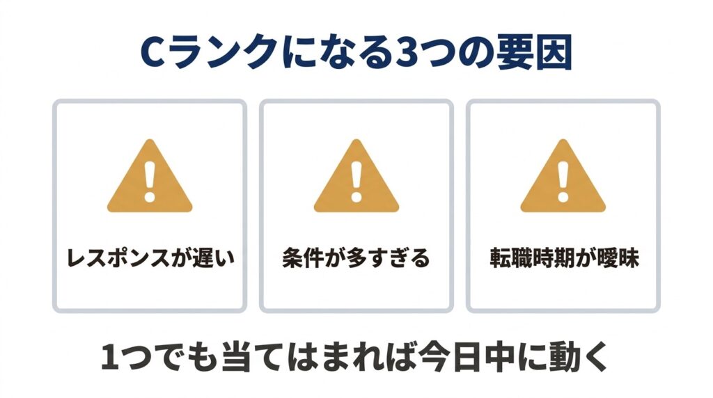 転職エージェントにCランク評価される3つの要因を図解したチェックリスト