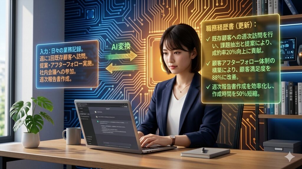 事務職がChatGPTで職務経歴書を作成している場面。女性がノートパソコンに業務内容を入力し、周囲に変換された実績文のホログラムが浮かぶ。回路基板背景。モダンなオフィス。実写品質3D。