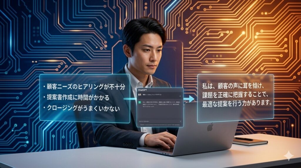 営業職がChatGPTで自己PRを作成している場面。男性がノートパソコンに失敗経験を入力し、論理的な自己PRに変換されるフローのホログラムが浮かぶ。回路基板背景。実写品質3D。