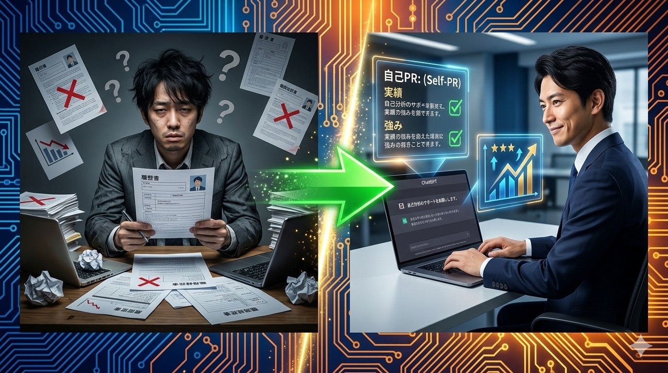 営業職の自己PR作成ビフォーアフター。左側は実績なしで悩む男性、右側はChatGPTで思考プロセスを言語化し自信に満ちた同じ男性。中央に緑の矢印。回路基板背景。実写品質3D。