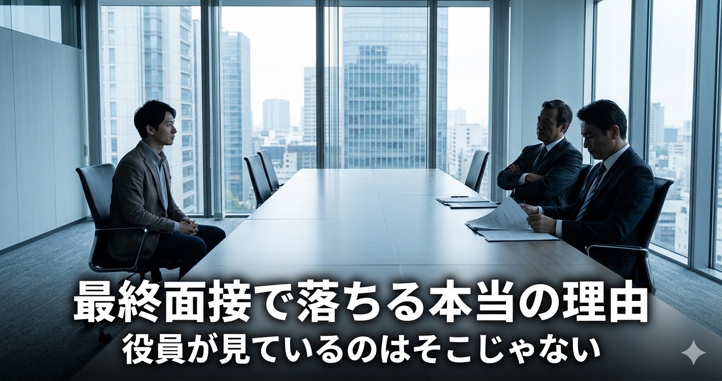 最終面接で一人の求職者が複数の役員と向き合う緊張感のあるボードルームのシーン。最終面接で落ちる本当の理由を採用側の本音から解説する記事のアイキャッチ。