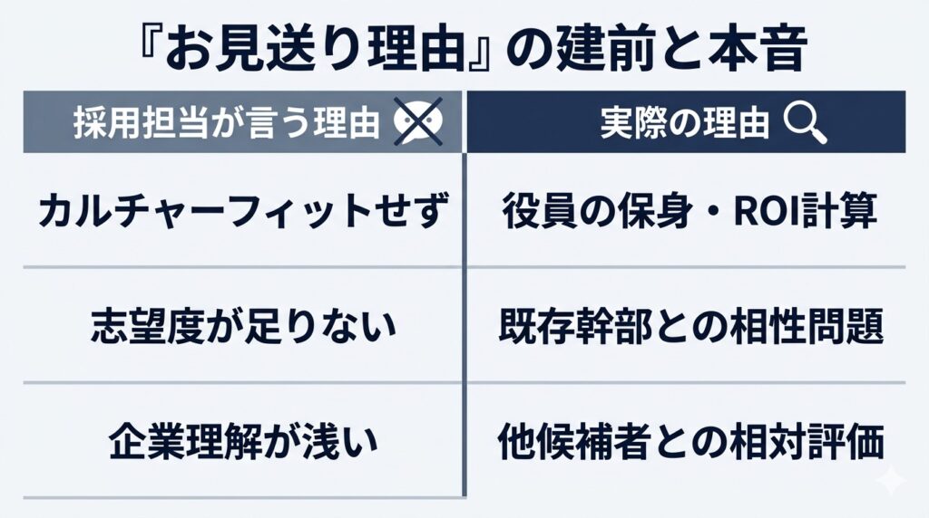 最終面接の不合格通知で採用担当者が使う建前の理由と、実際の本音の理由を2列で対比した比較表。