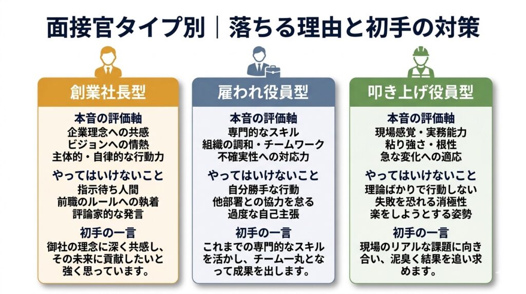 最終面接の面接官タイプを創業社長・雇われ役員・叩き上げ役員の3種類に分類し、それぞれの評価軸とNGパターン、初手の対策を図解したインフォグラフィック。