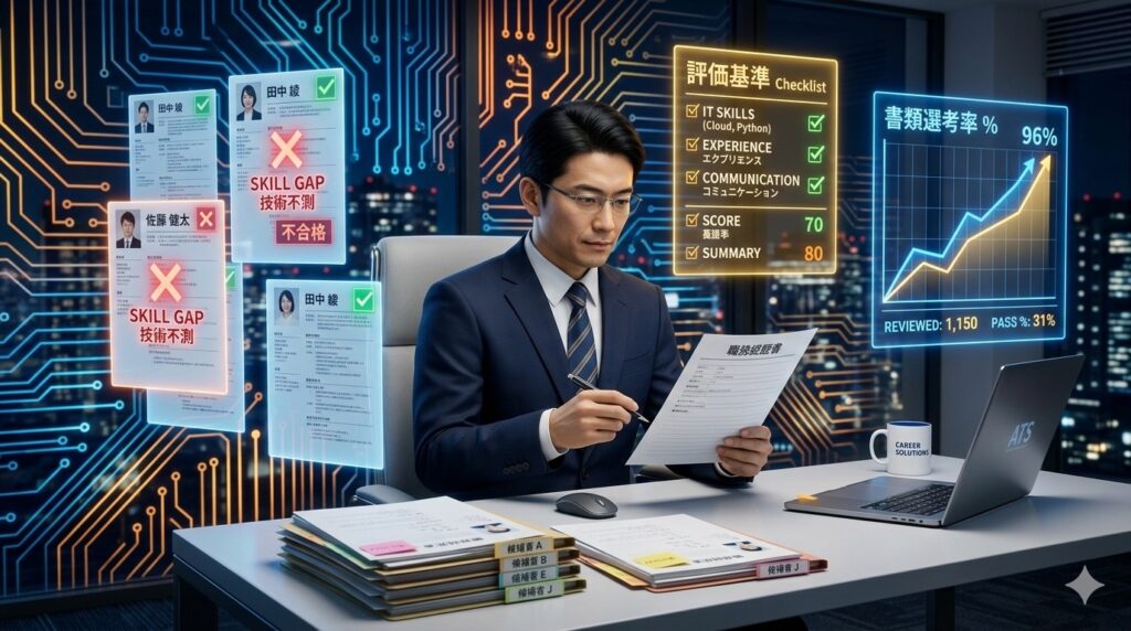 採用担当者が履歴書を審査している場面。スーツ姿の男性が書類を確認し、周囲に評価基準チェックリストと選考率グラフのホログラム。回路基板背景。プロフェッショナルな雰囲気。実写品質3D。