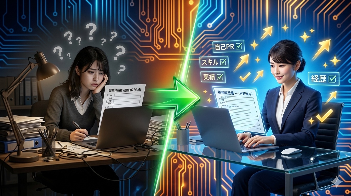 事務職の職務経歴書作成ビフォーアフター。左側は空白の履歴書を前に悩む女性、右側はChatGPTで完成した職務経歴書を見て笑顔の同じ女性。中央に緑の矢印。回路基板背景。実写品質3D。