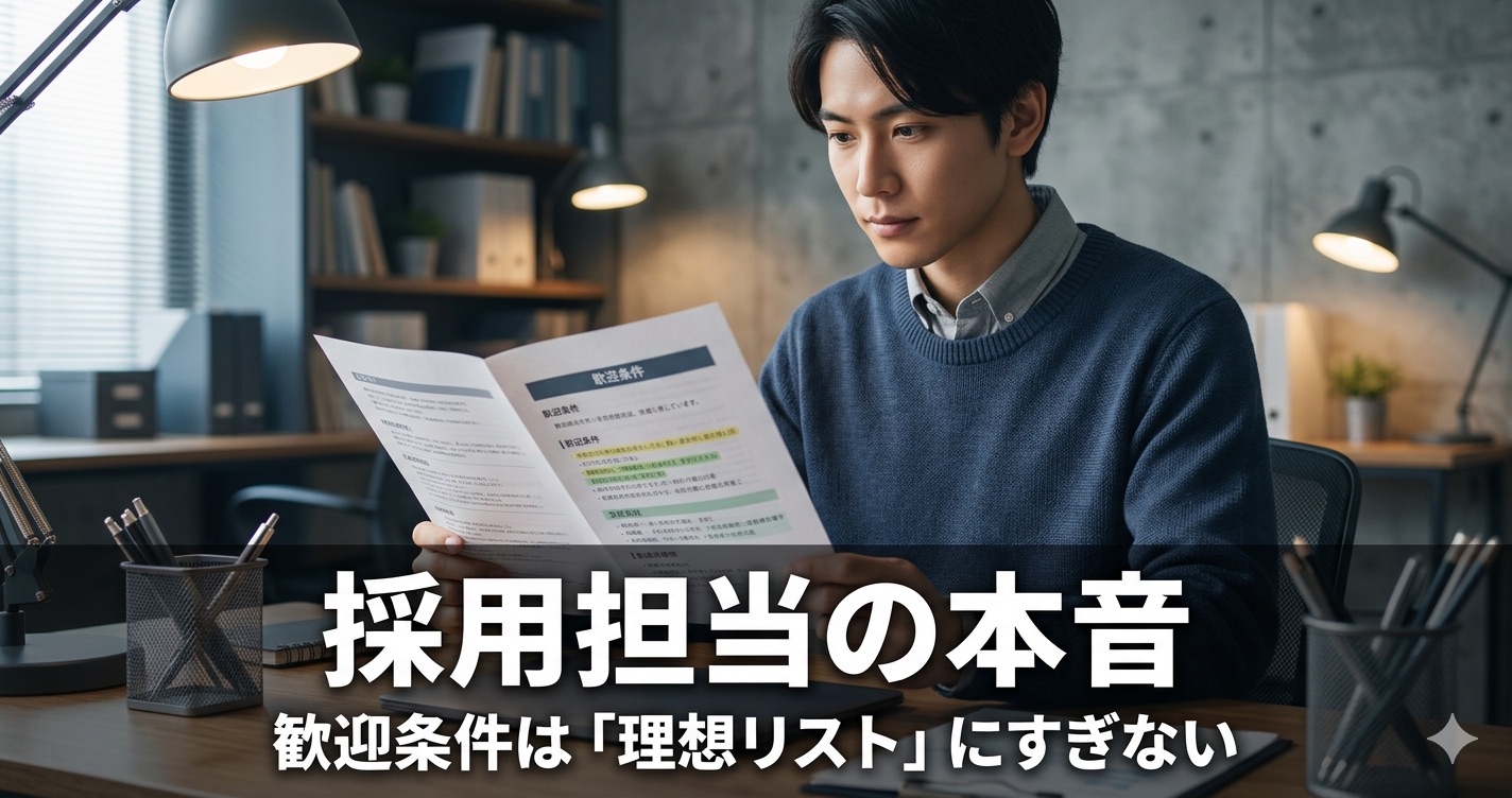 求人票の歓迎条件を読む転職希望者と、採用担当の本音を示すアイキャッチ画像