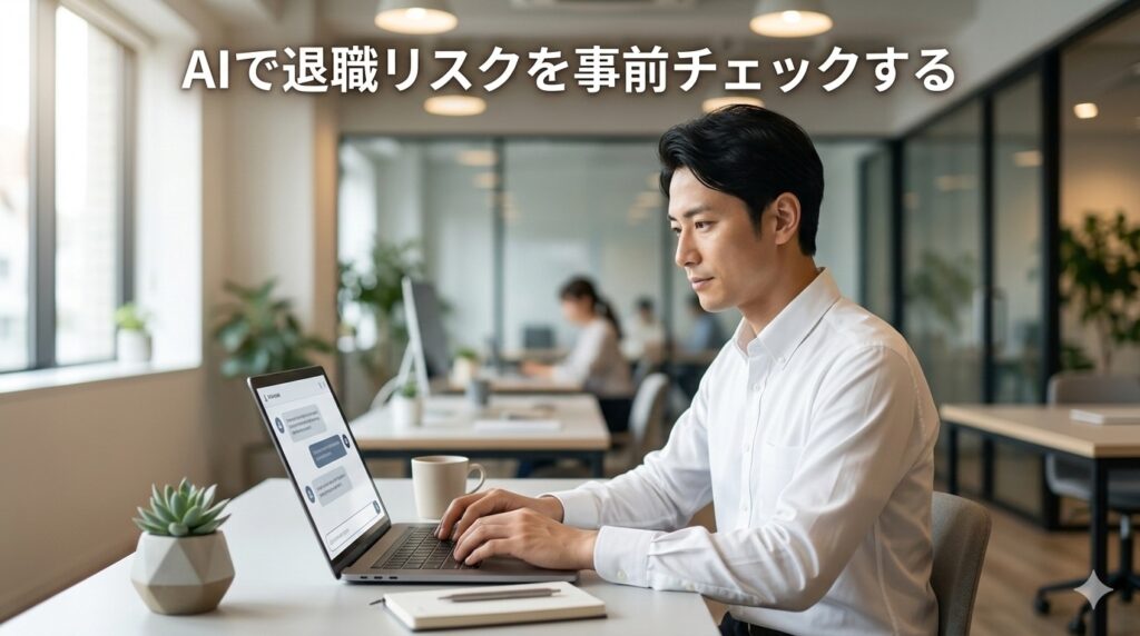 ノートパソコンでAIチャットを使い転職理由を入力して退職リスクをチェックしている様子