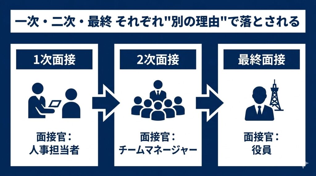 一次・二次・最終面接で評価担当者と評価基準がそれぞれ異なることを示す図解