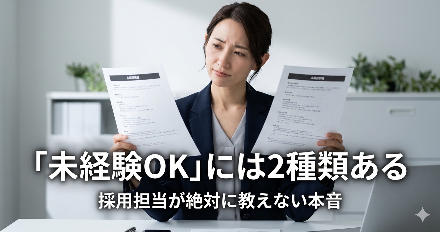 「未経験OK」求人には2種類あることを示す、2枚の求人票を持つビジネスパーソンのイメージ画像