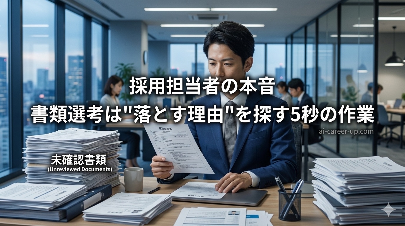 採用担当者がオフィスで書類を素早く確認している様子。デスクには大量の応募書類が積まれている。